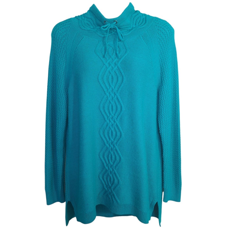 Talbots‎ Women's Sweater Size Mp Blue/Green Lambswool Blend Cable Knit Pullover